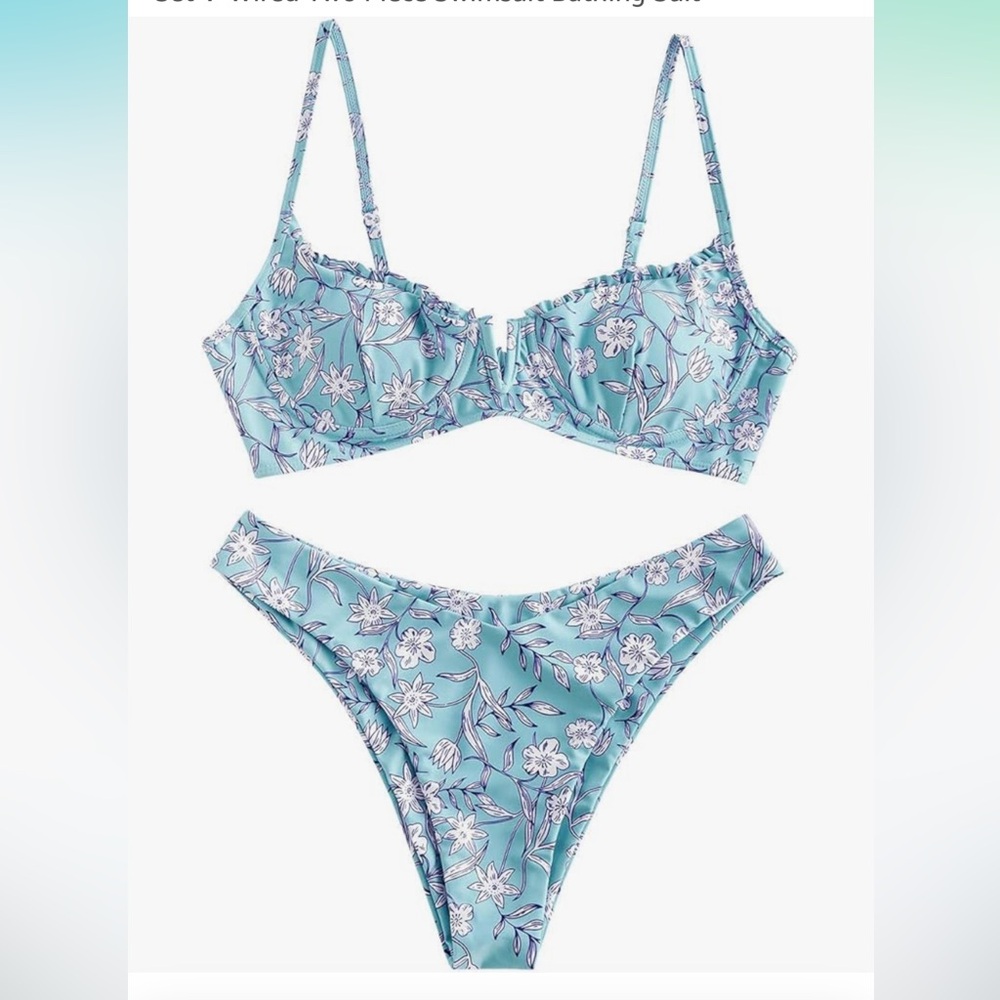NWT Zaful Underwire High Cut Bikini Set Womens 6 Blue Floral